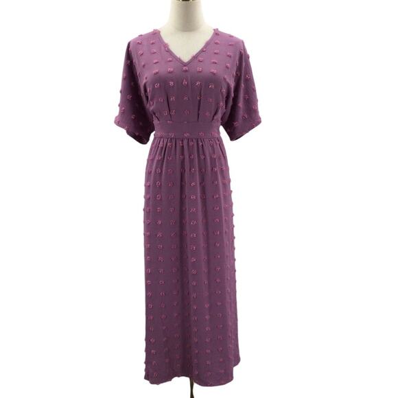 BLOOMCHIC SZ 12 L purple swiss dot vneck short sleeve casual midi dress NWT B136 - Picture 1 of 10